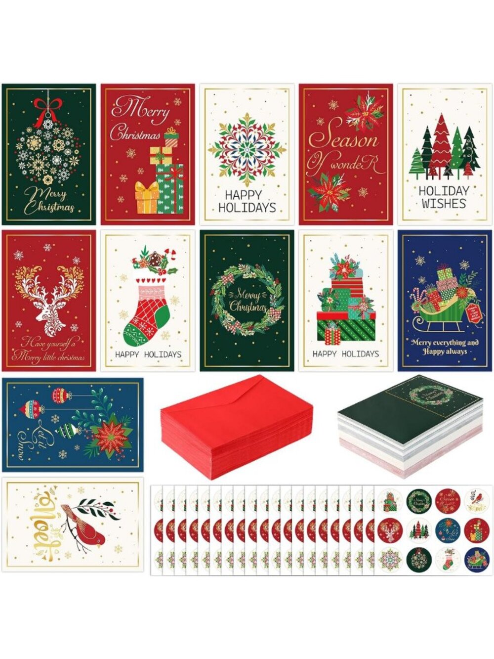 240 Christmas Cards with Envelopes & Stickers - Festive Gold Foil, 12 Designs